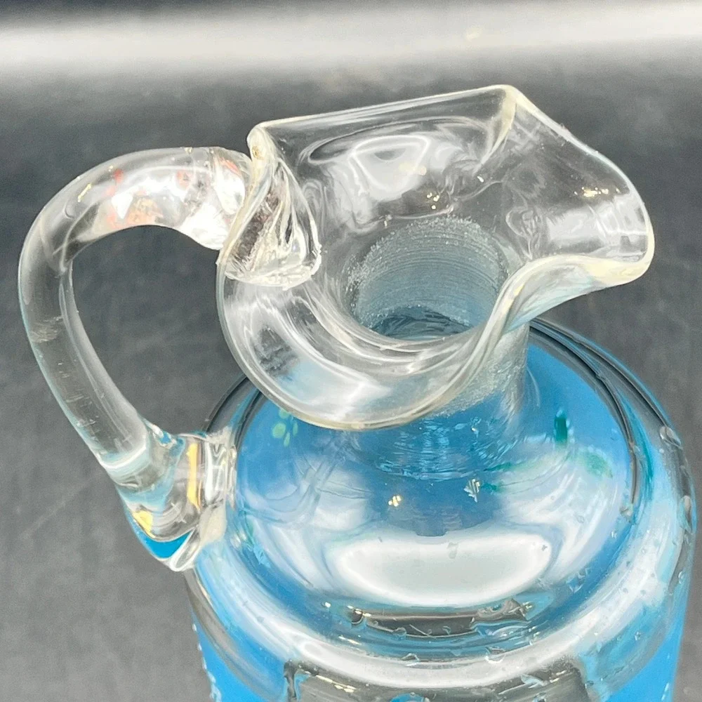 Vtg MCM Blue Frosted‎ Hand Painted Hand Blown Glass Cruet Stopper Berry As Is 7